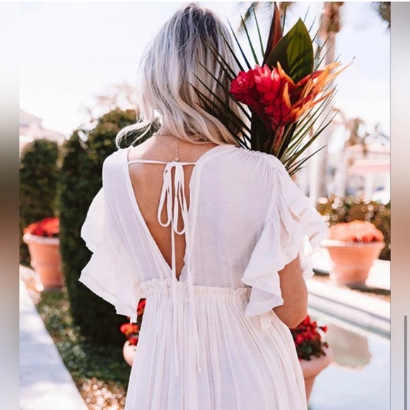 Boho Gauze Button White Maxi Dress Gown Coverup, Butterfly Arms Detail - Picture 2 of 7